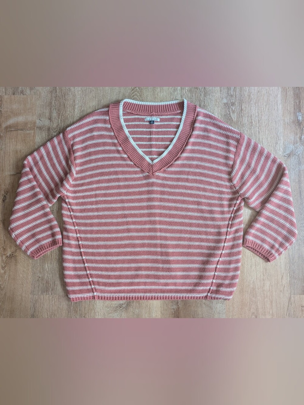 American Eagle Outfitters Dusty Rose and Cream Striped V-Neck Knit Sweater